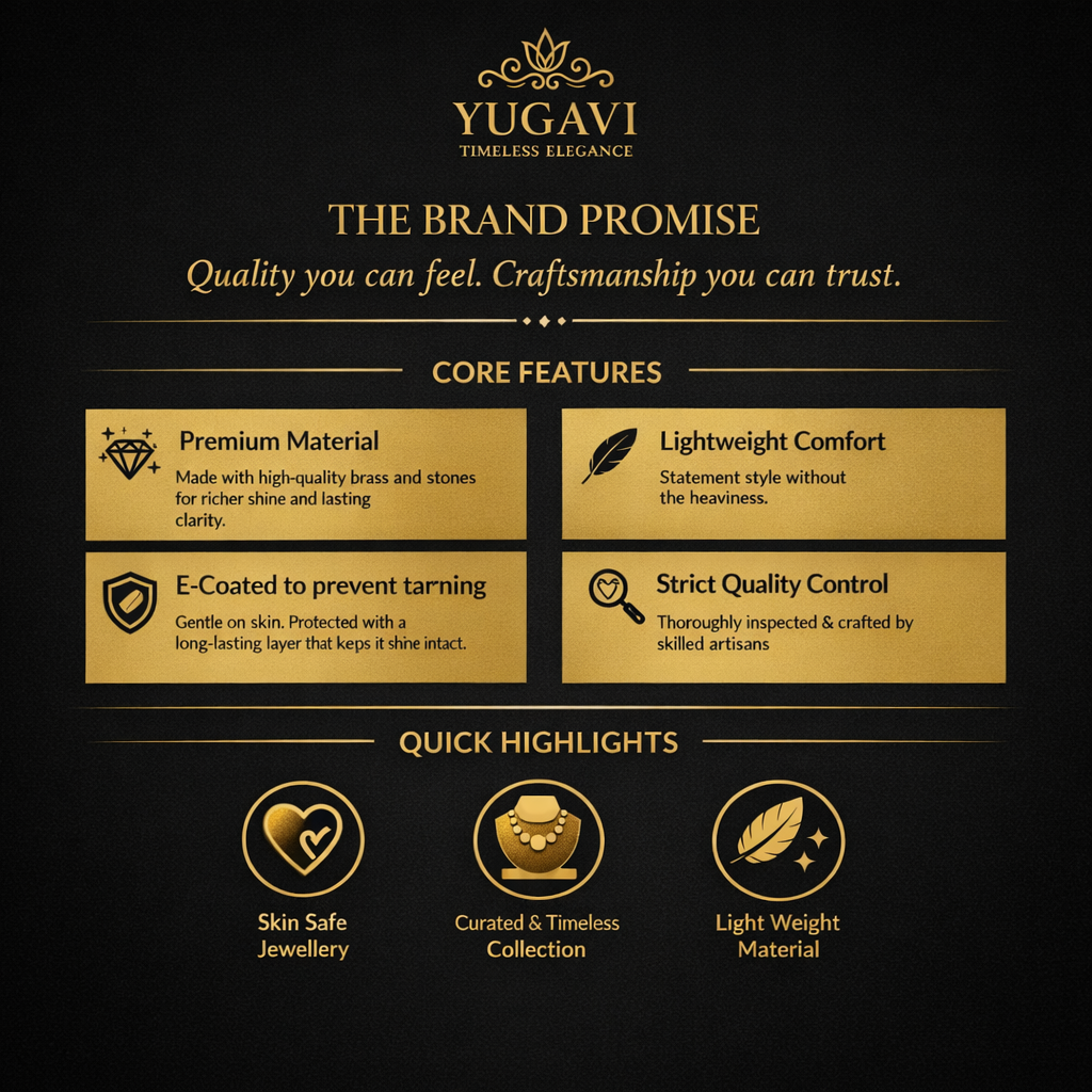 Yugavi brand promise and core features on a black background