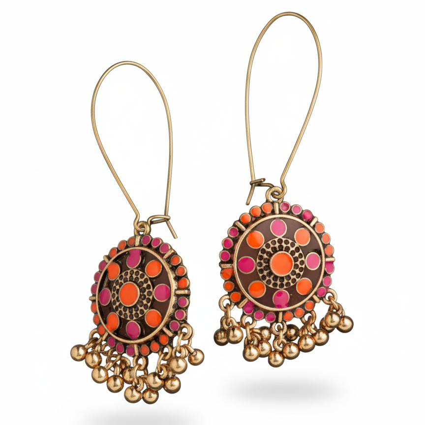 Ornate earrings with colorful circular design and gold accents on a white background