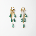 Pair of gold earrings with green teardrop-shaped beads on a white background