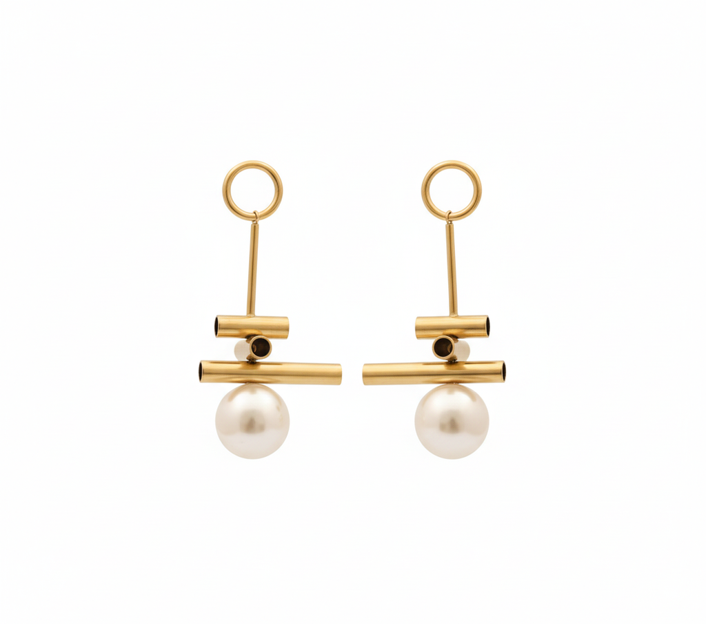 Minimalist Gold Bar and Pearl Drop Earrings