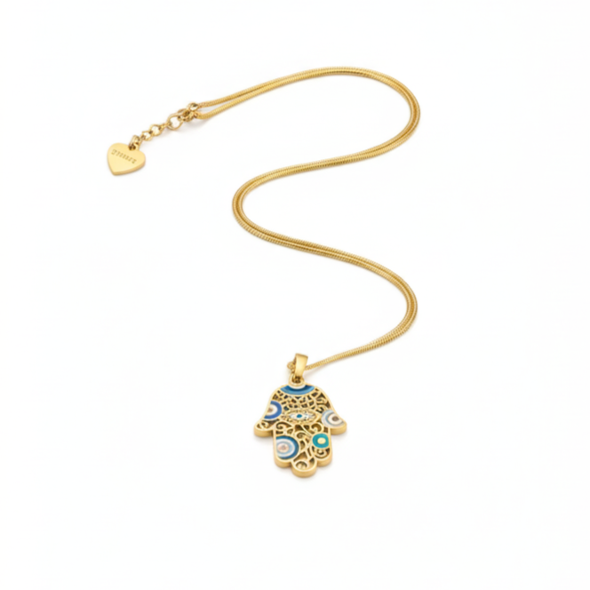 Gold necklace with a hamsa hand pendant on a white background
