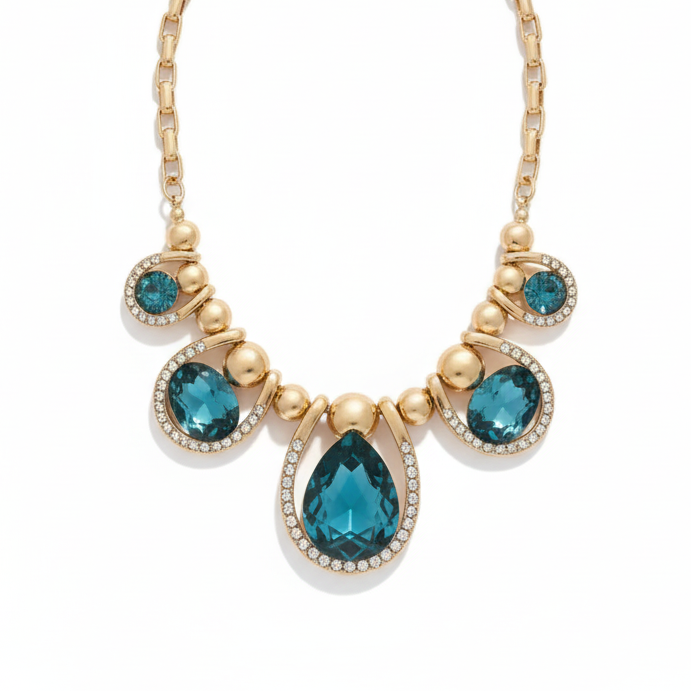 Gold necklace with blue teardrop-shaped stones on a white background
