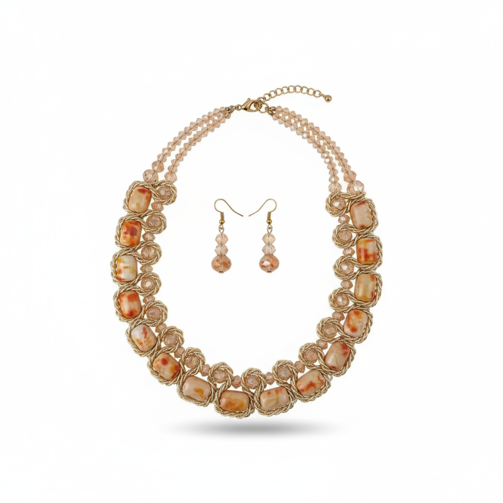 Jewelry set with necklace and earrings on a white background