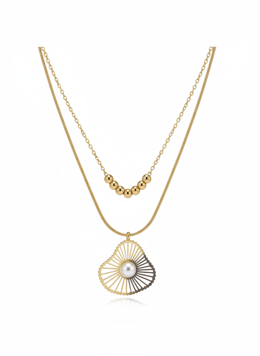 Layered Gold Fan Pendant Necklace