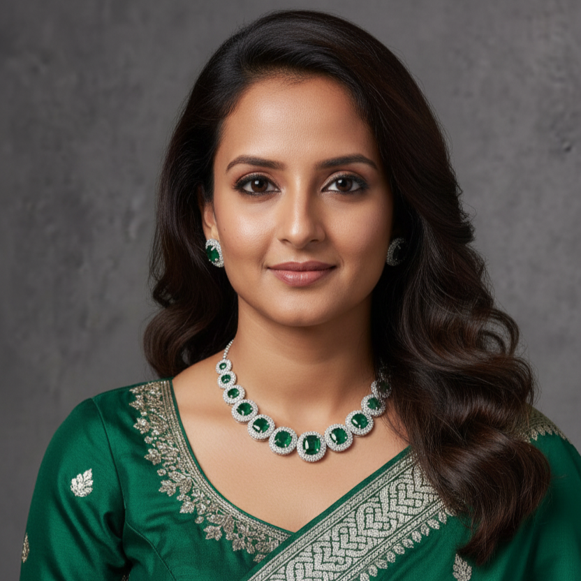 Woman wearing a green saree with silver border and jewelry against a gray background