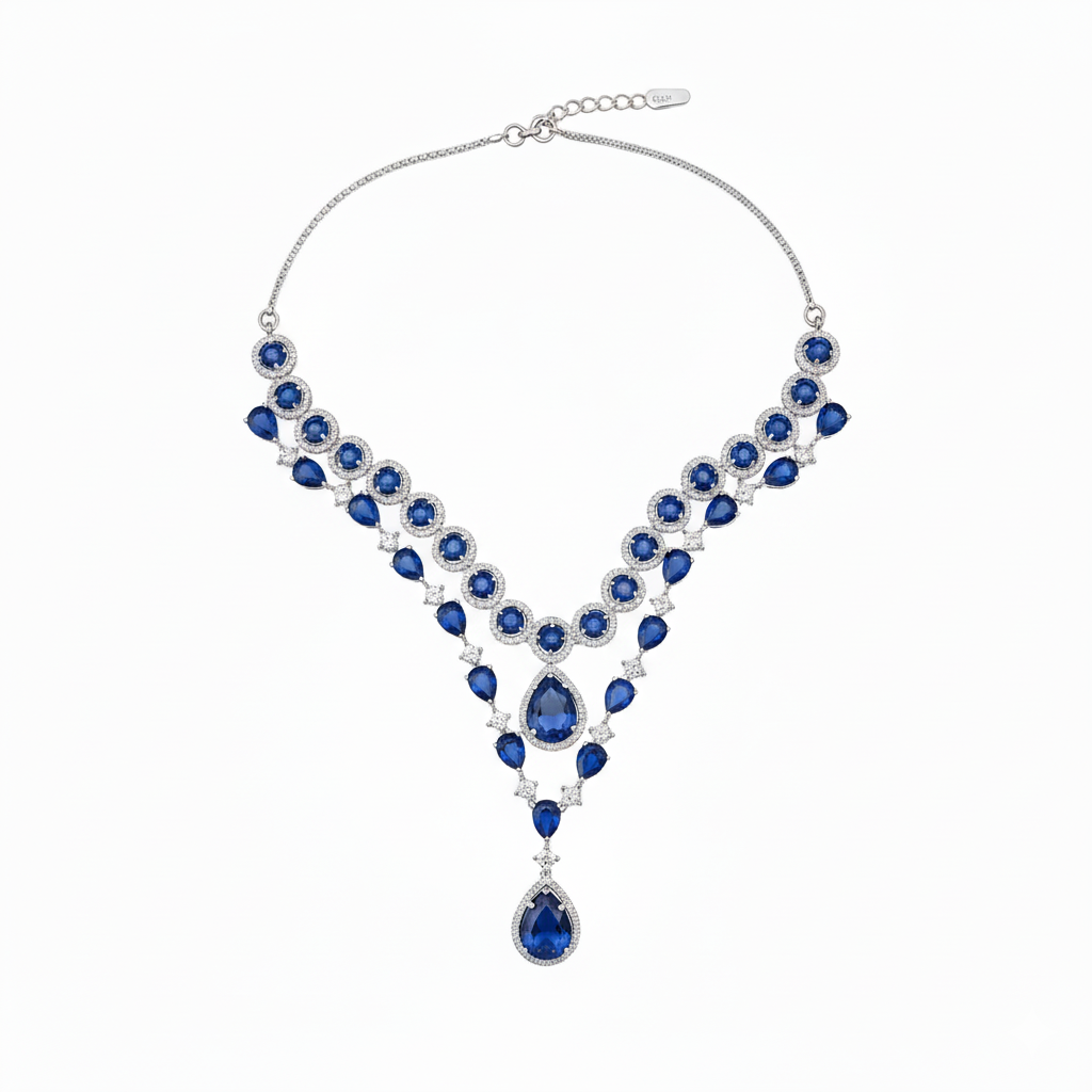 Elegant necklace with blue gemstones on a white background