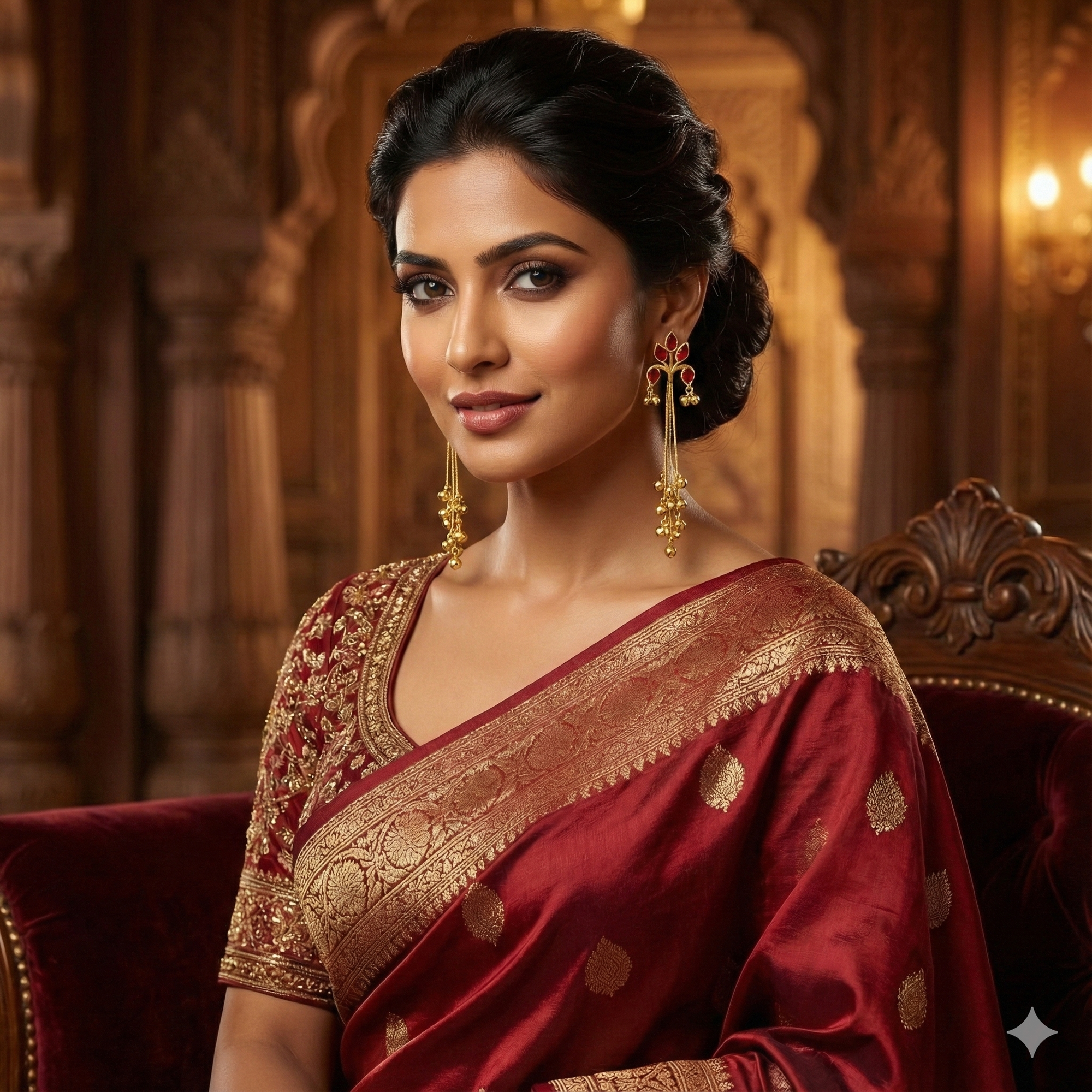 Woman in a red saree with gold details sitting in an ornate chair.