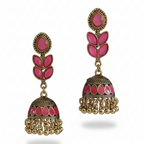 Pink and gold earrings on a white background