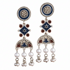 Pair of decorative earrings with blue, brown, and pearl elements on a white background