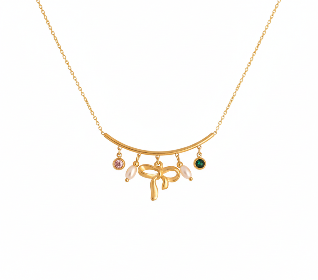 Bow Charm Necklace with Pearls & Gemstones