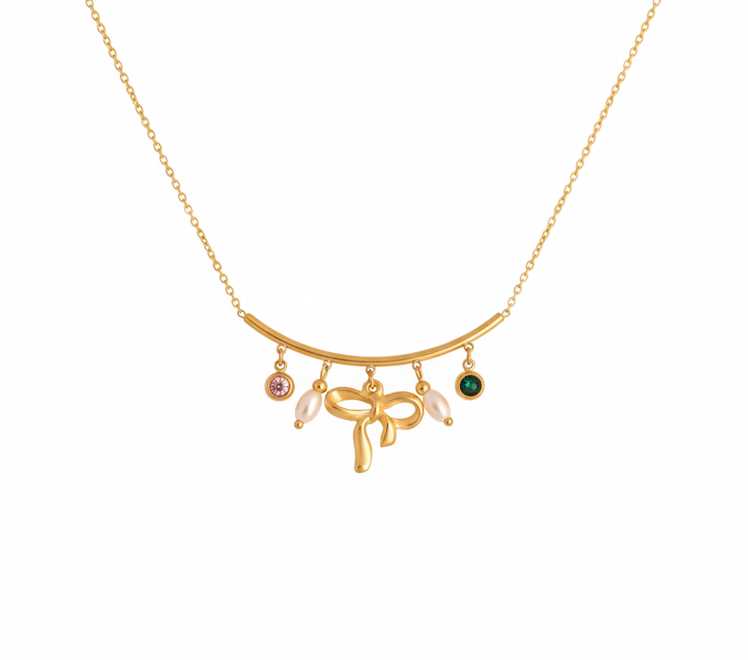 Bow Charm Necklace with Pearls & Gemstones