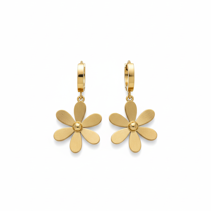 Gold flower-shaped earrings on a white background
