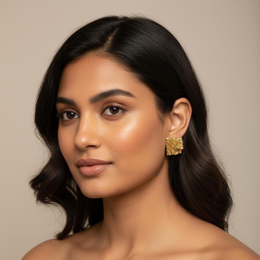 Woman wearing gold earrings against a neutral background