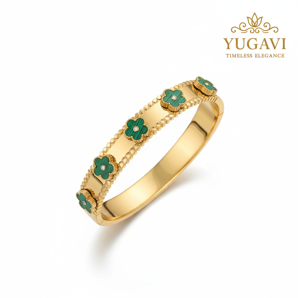 Malachite Clover Bangle with Gold Beaded Edge