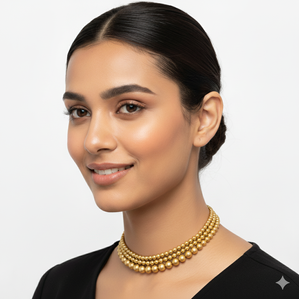 Woman wearing a gold necklace against a plain background