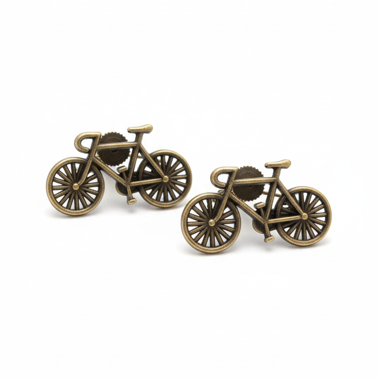 Bronze bicycle-shaped cufflinks on a white background