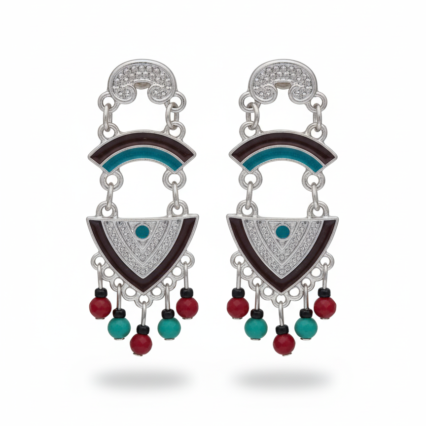 Pair of earrings with geometric design and colorful beads on a white background