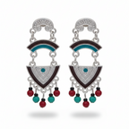 Pair of earrings with geometric design and colorful beads on a white background