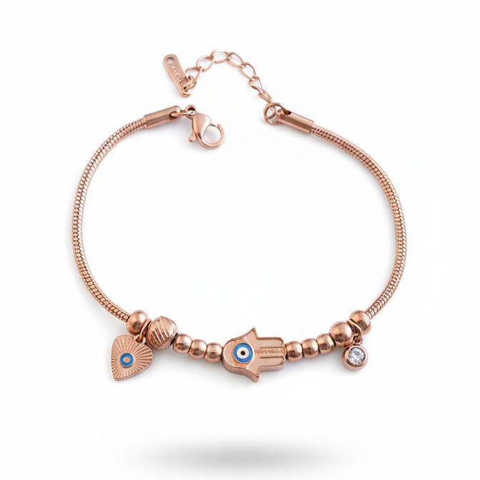 Rose gold bracelet with decorative elements on a white background, featuring the brand 'YUGAVI'.
