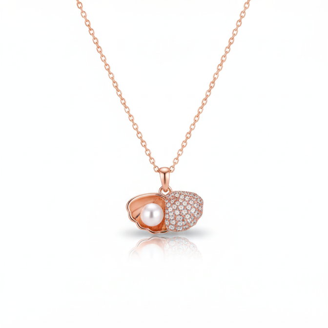 Rose gold necklace with a heart-shaped pendant on a white background