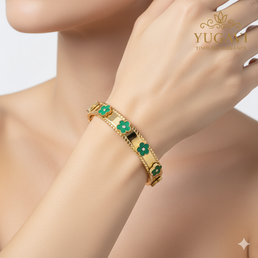 Malachite Clover Bangle with Gold Beaded Edge