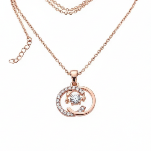 Rose gold necklace with a circular pendant on a white background