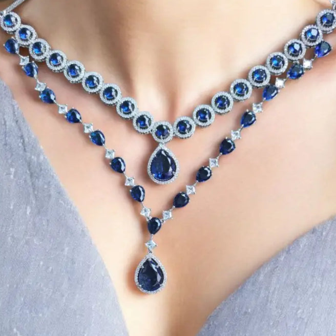 Adair Blue Sapphire Necklace with Earrings Semi Precious Stone - Necklace