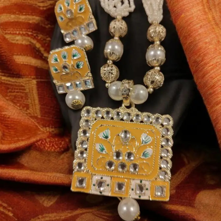 Adair Champagne Gold Meenakari Work Necklace and Earrings Set - Necklace