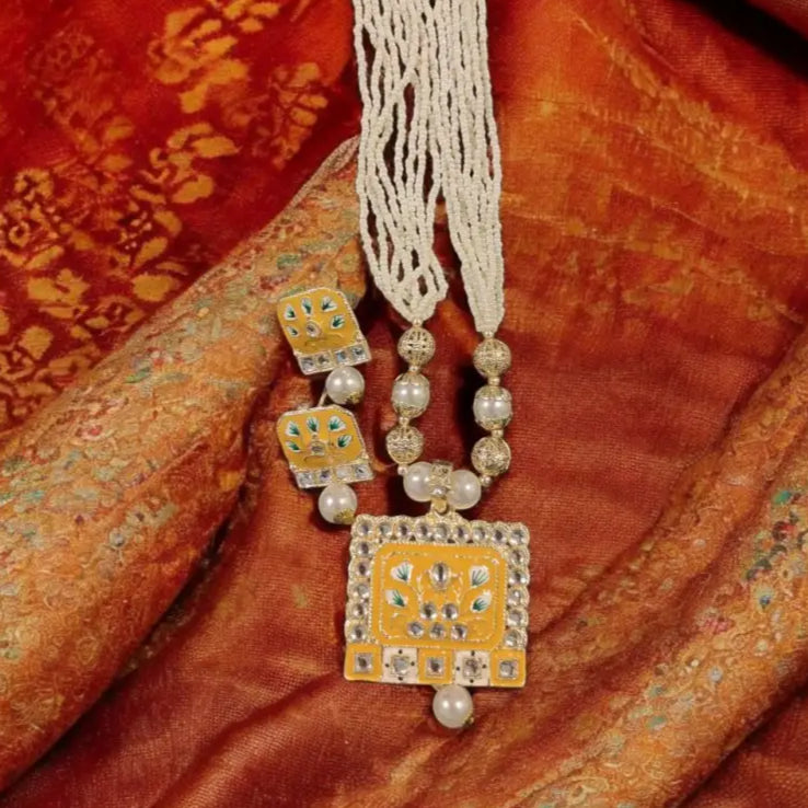 Adair Champagne Gold Meenakari Work Necklace and Earrings Set - Necklace