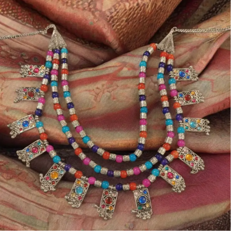 Adair Ethnica: Multistrand Boho Medallion Necklace in Oxidized Silver - Necklace