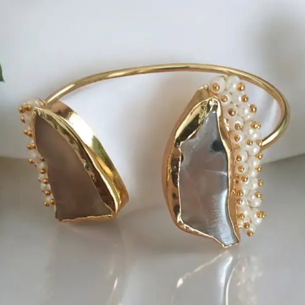 Adair Gold Cuff Bracelet with Natural Stone and Pearl Accents - Bracelet
