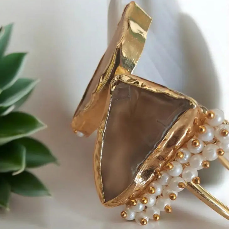 Adair Gold Cuff Bracelet with Natural Stone and Pearl Accents - Bracelet