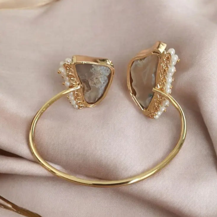 Adair Gold Cuff Bracelet with Natural Stone and Pearl Accents - Bracelet