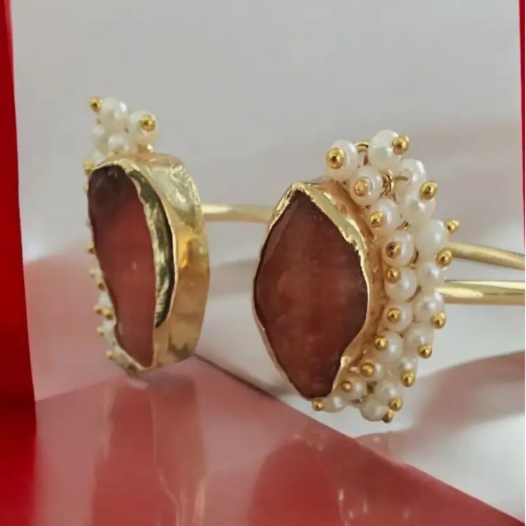 Adair Gold Cuff Bracelet with Natural Stone and Pearl Accents Red in color - Bracelet