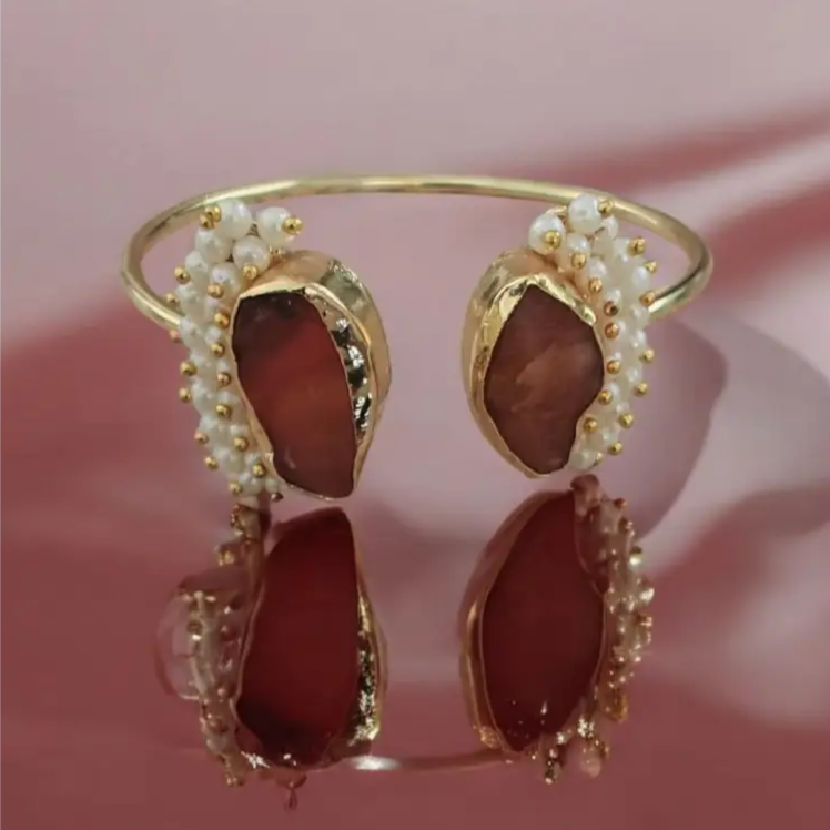 Adair Gold Cuff Bracelet with Natural Stone and Pearl Accents Red in color - Bracelet