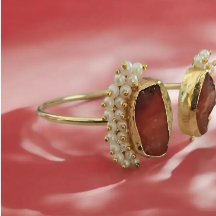 Adair Gold Cuff Bracelet with Natural Stone and Pearl Accents Red in color - Bracelet