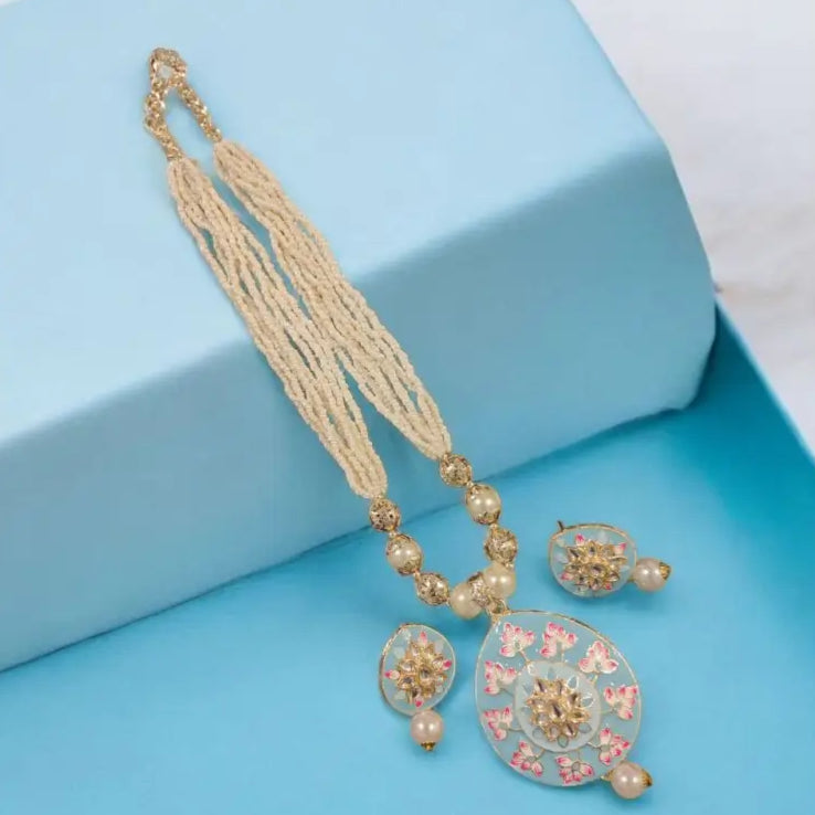 Adair Long Moti Chir Mala With Sky Blue Pendant - Necklace
