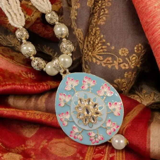 Adair Long Moti Chir Mala With Sky Blue Pendant - Necklace