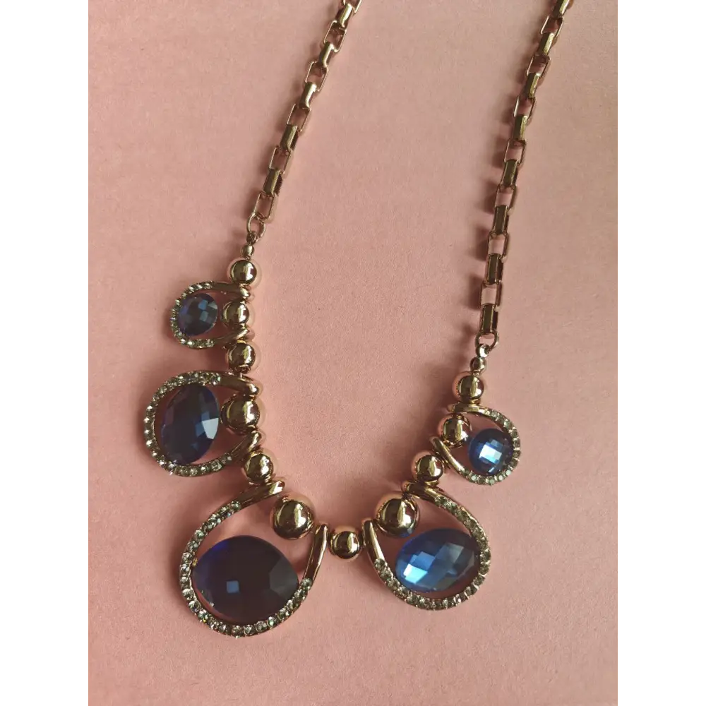 Adair Midnight Designer Oval Shaped Crystal Necklace With Gold Beads - Necklace