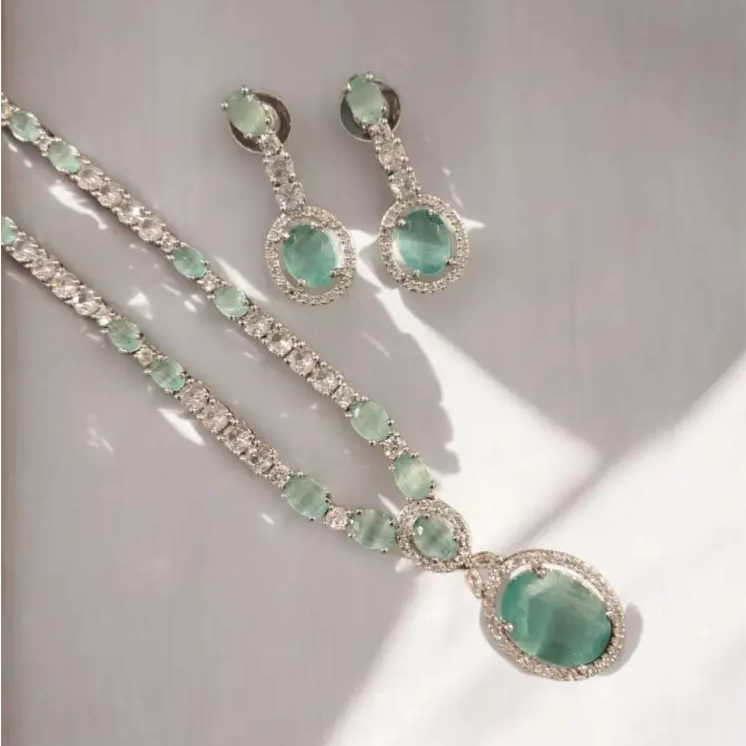 Adair Semi-Precious Jade Stones with Crystals Necklace with Earrings - Necklace