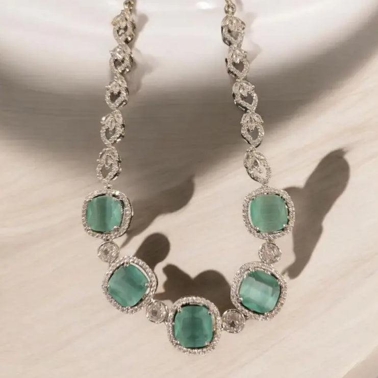 Adair Semi Precious Stones Cut Necklace with Earrings in Jade - Necklace