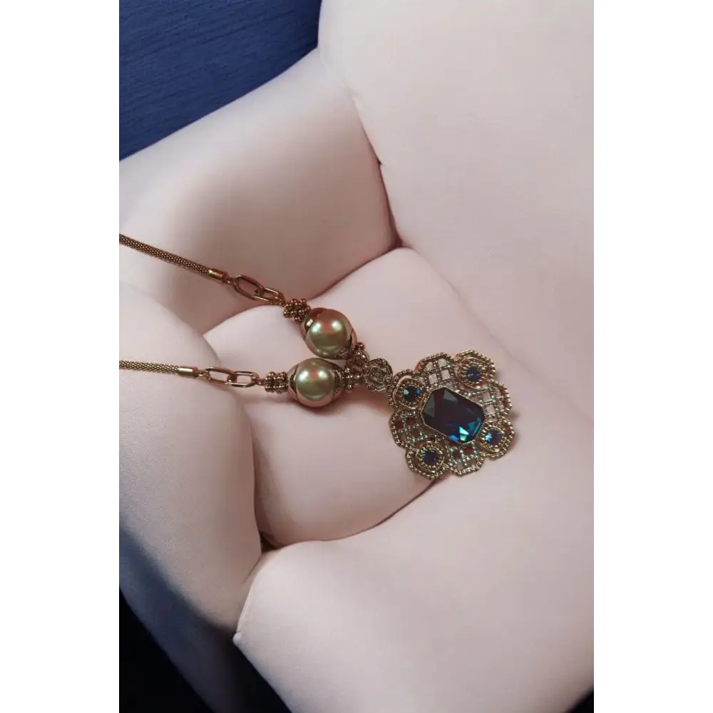 Adair Uncut Stone With Net Intricate Design Gold Plated Chain With Moon Of Pearls - Necklace