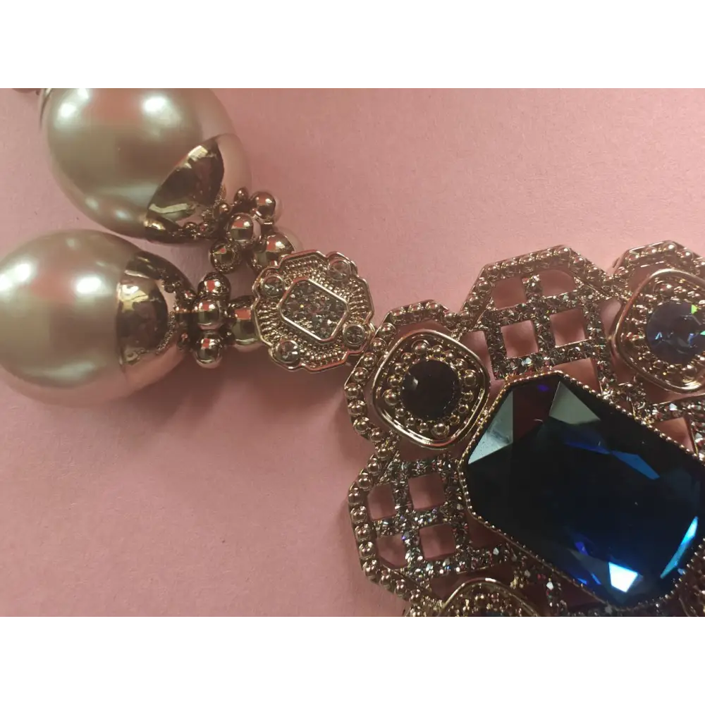 Adair Uncut Stone With Net Intricate Design Gold Plated Chain With Moon Of Pearls - Necklace