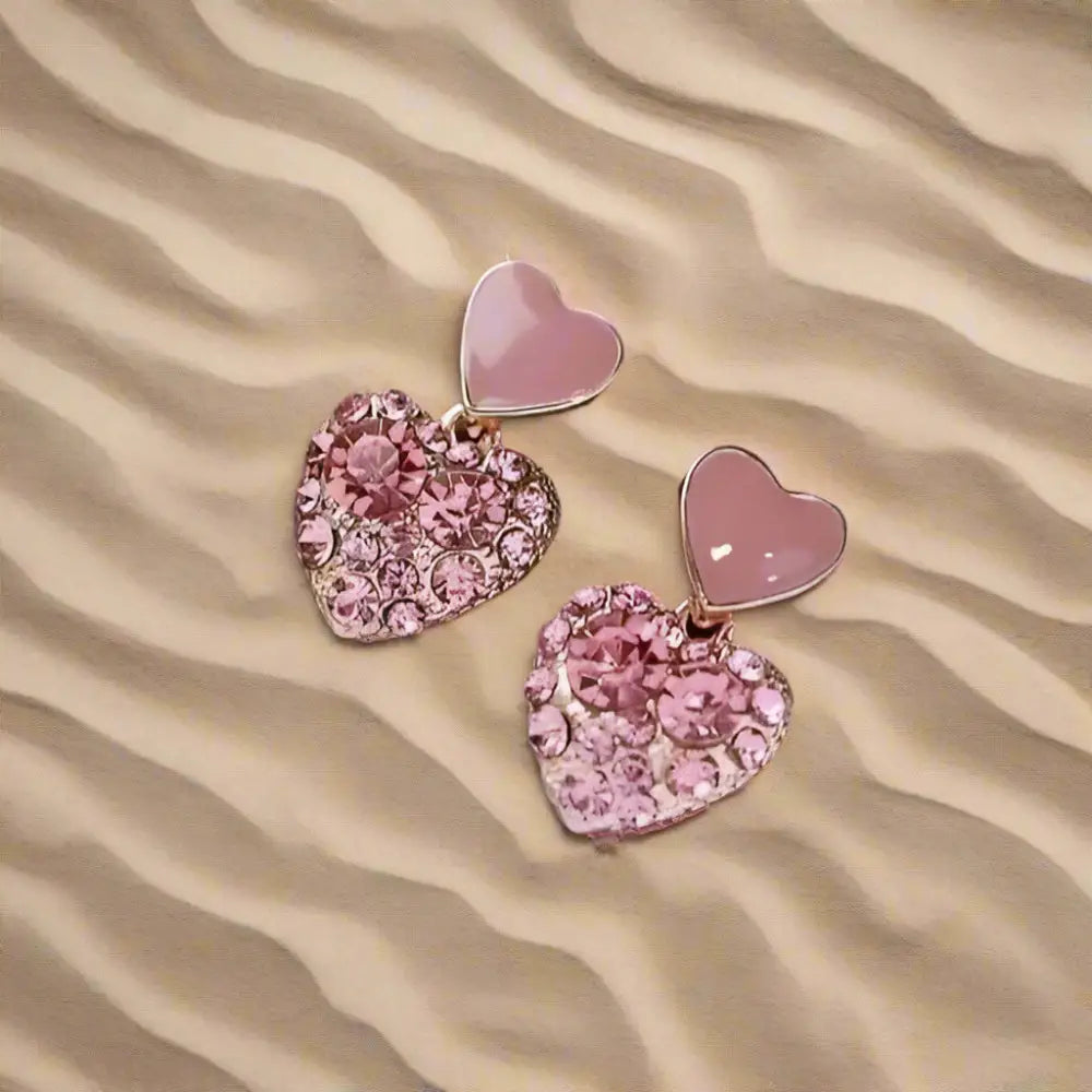Adair Valentine Flamingos Double Hearts with Crushed Crystals Earrings - Earrings