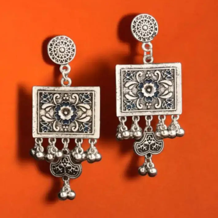 Antique Silver & Blue Floral Jhumka Earrings – Handcrafted Elegance By Adair gems - Earrings