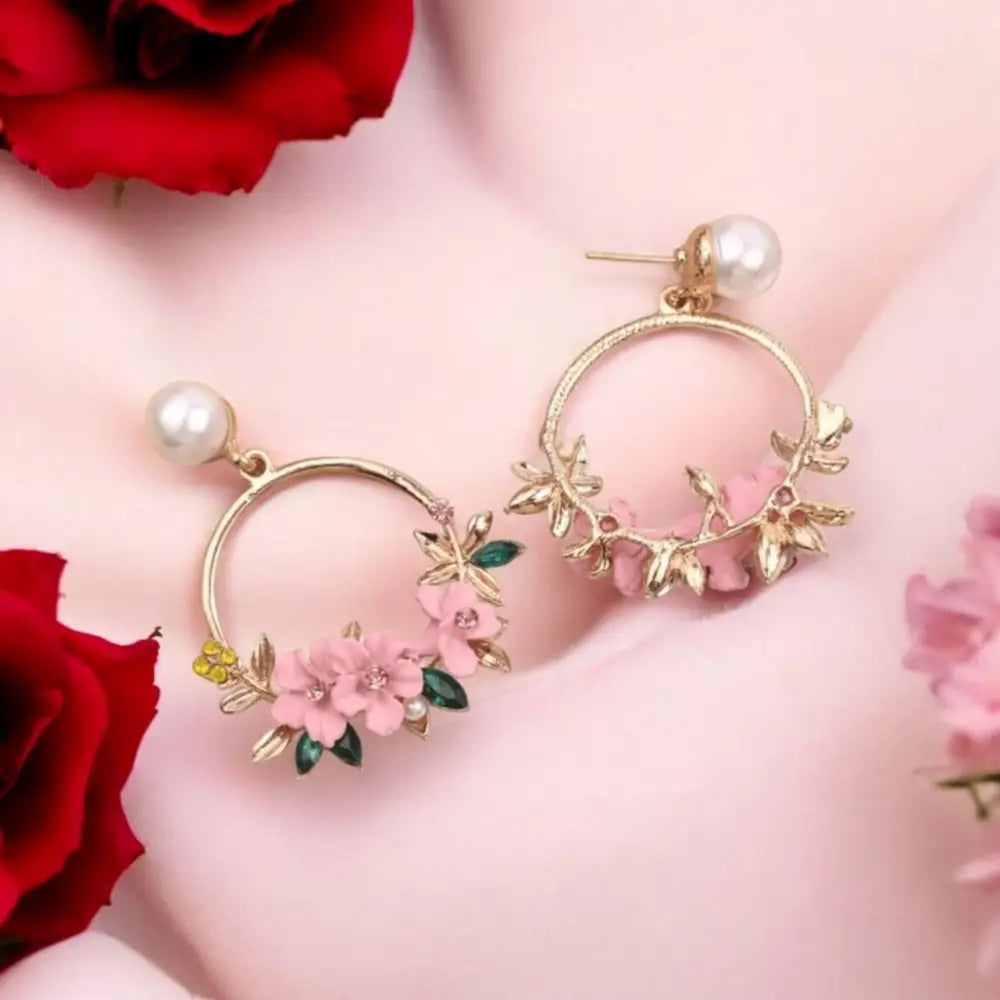 Blossom Bloom Floral Hoop Earrings – Elegant Pink & Gold Statement Earrings by AdairGems - Earrings