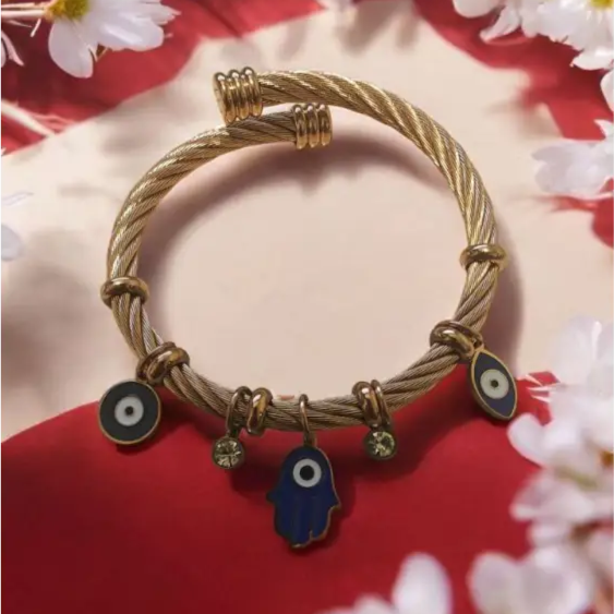 Protective Gold-Plated Bangle with Lucky Evil Eye Charms