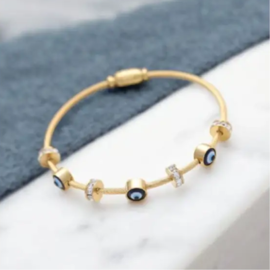 Elegant Evil Eye Gold Bangle Bracelet with Blue Charms and Cubic Zirconia