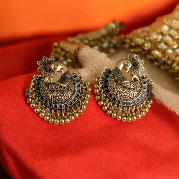 Regal Peacock Kundan Earrings – Gold & Blue Traditional Charm By Adair Gems - Earrings