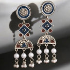 Royal Blue Enamel & Pearl Dangle Earrings – Mughal Elegance - Earrings